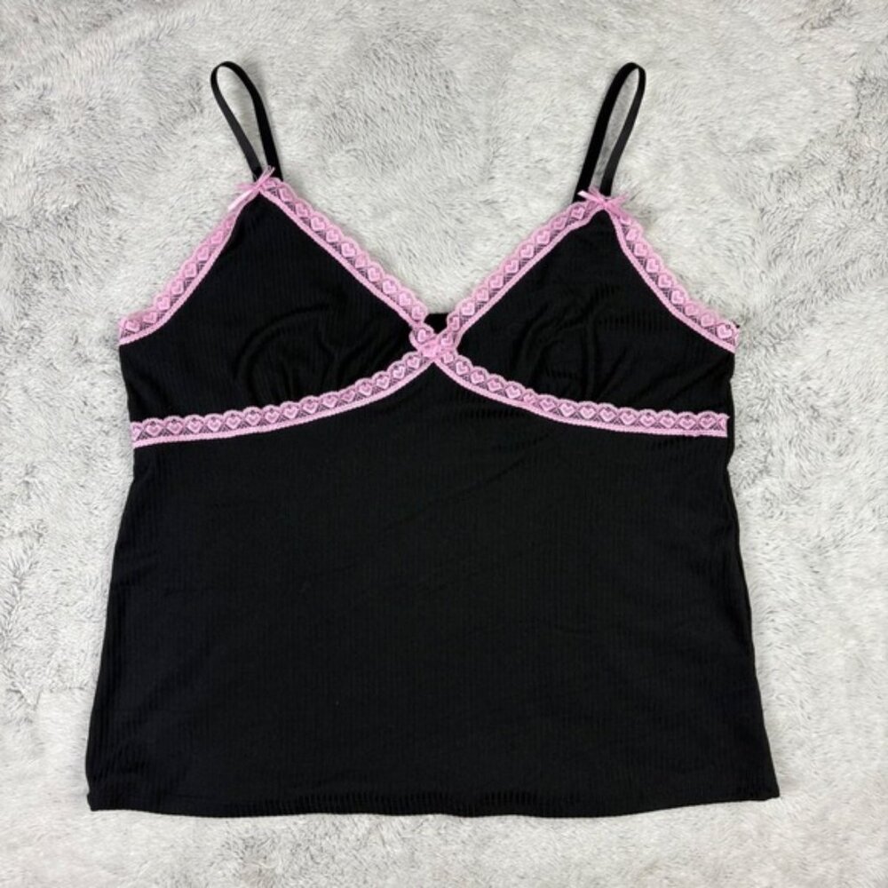 Black Babydoll Tank Top Pink Lace Trim Hearts Rib Bow Coquette Cute Goth Y2K XL